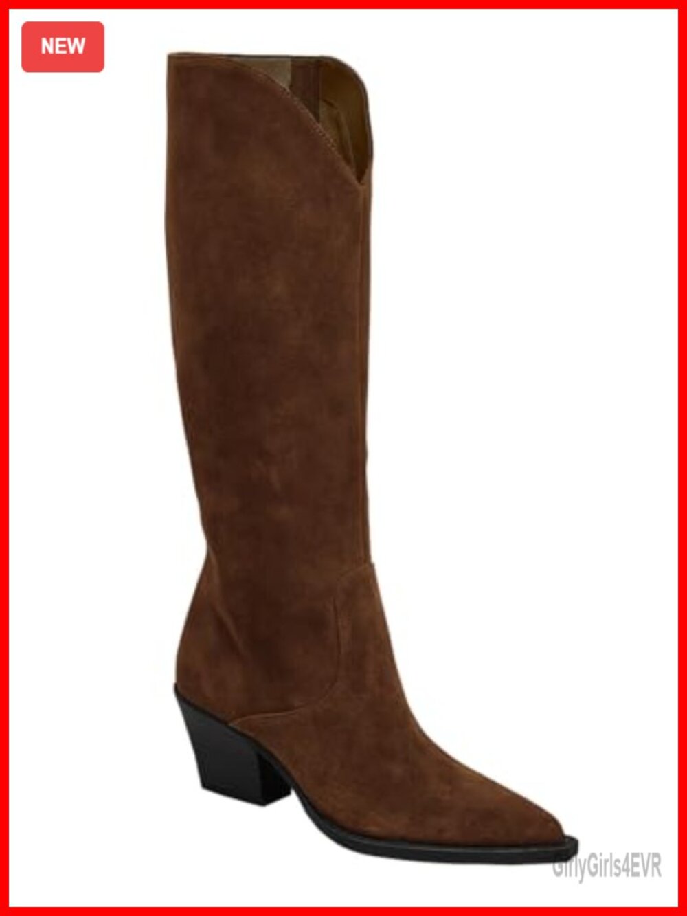 Womens Wide Calf Cowboy Boots Faux Suede Knee High Chunky Heel Pointed Toe